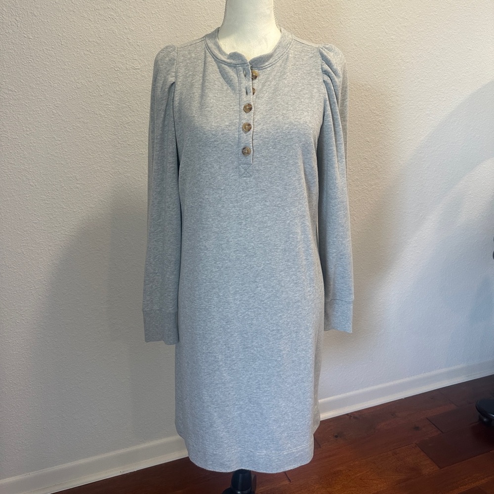 LOFT Light Gray Long Sleeve Henley Dress with Puff Shoulders